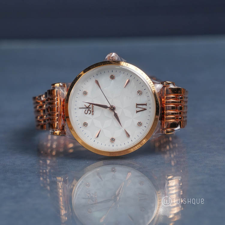 IBSO Ladies Stainless Steel Diamond Art Quartz Rose Gold Watch And Jewelry Set