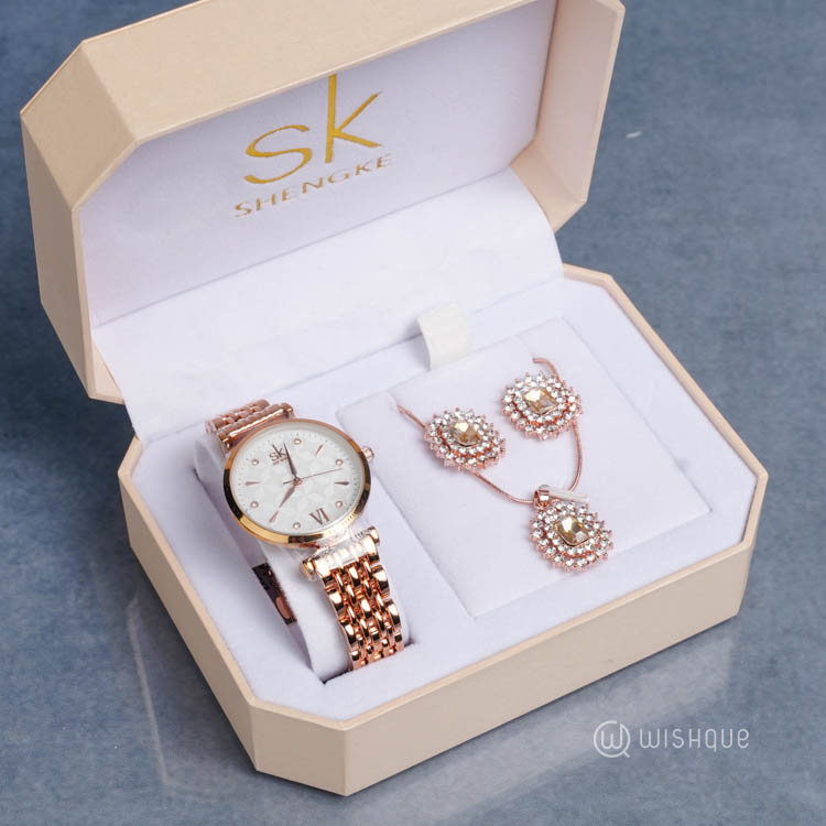 IBSO Ladies Stainless Steel Diamond Art Quartz Rose Gold Watch And Jewelry Set