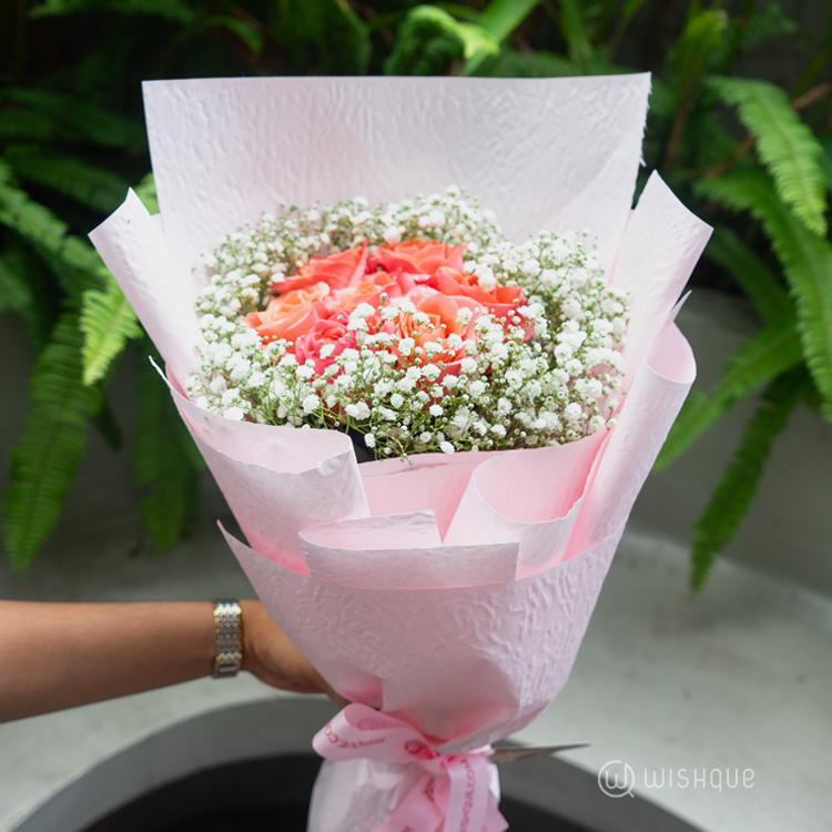 Coral Charm Baby’s Breath Crown Bouquet