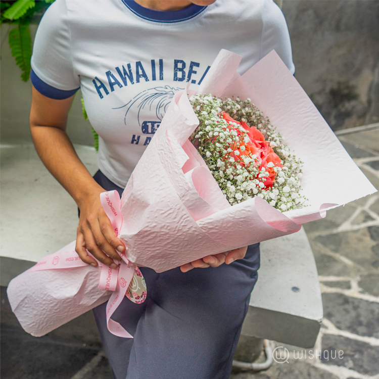 Coral Charm Baby’s Breath Crown Bouquet