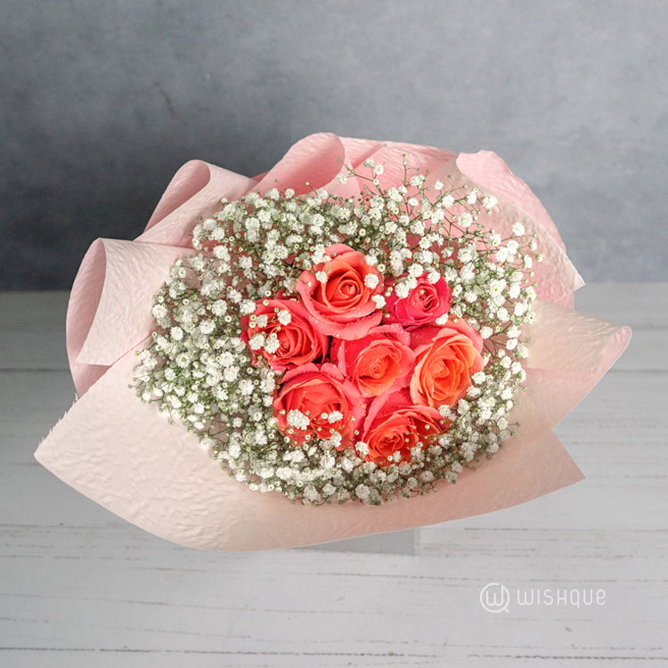 Coral Charm Baby’s Breath Crown Bouquet