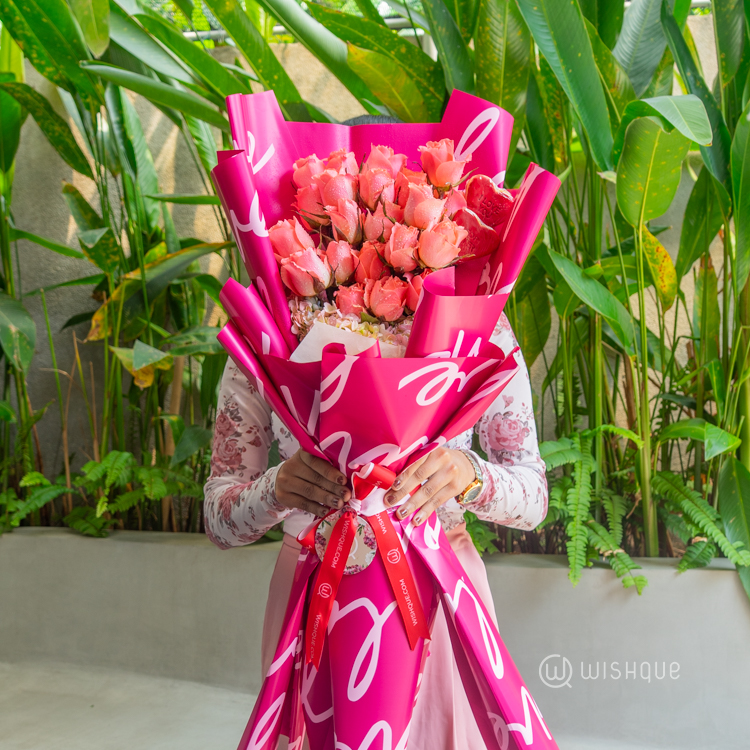 Pink Petal Roses Bouquet With Heart Cookies