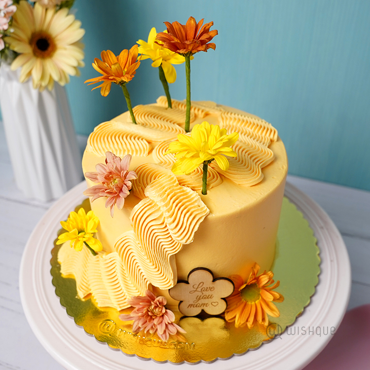 Yellow Petal Cascade Mom Ribbon Cake