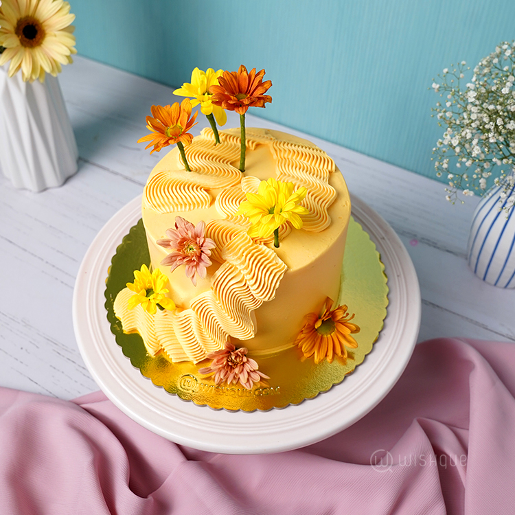 Yellow Petal Cascade Ribbon Cake