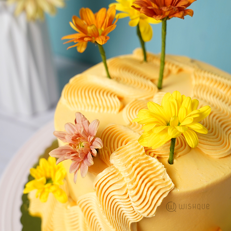 Yellow Petal Cascade Ribbon Cake
