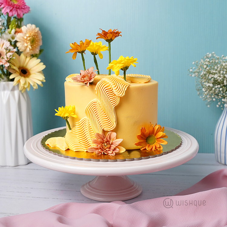 Yellow Petal Cascade Ribbon Cake