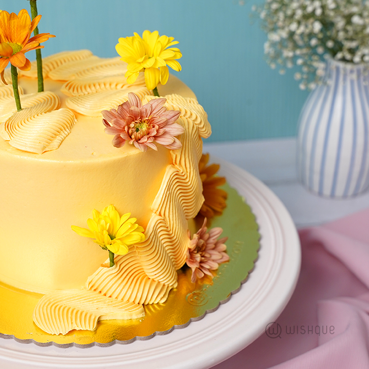 Yellow Petal Cascade Ribbon Cake