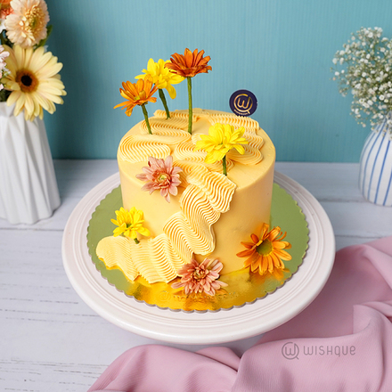 Yellow Petal Cascade Ribbon Cake