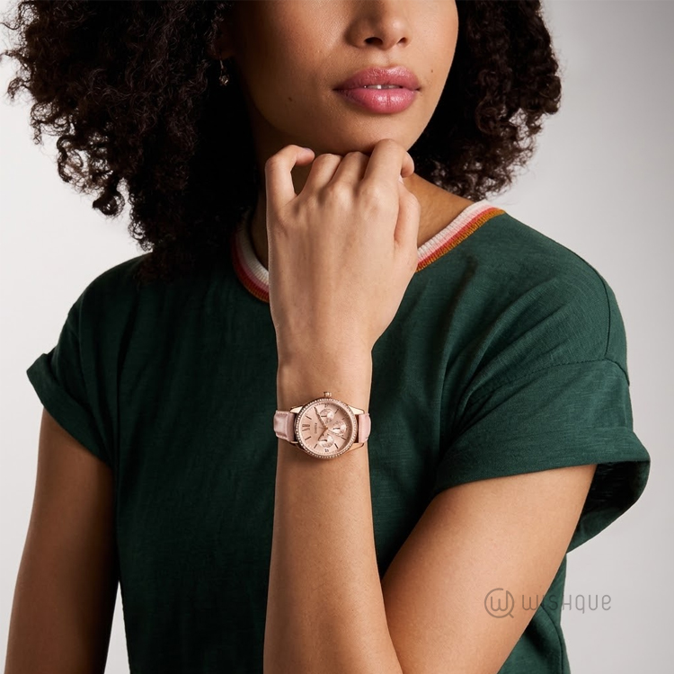 Fossil Rye 36mm Multifunction Pink Leather Watch BQW3763