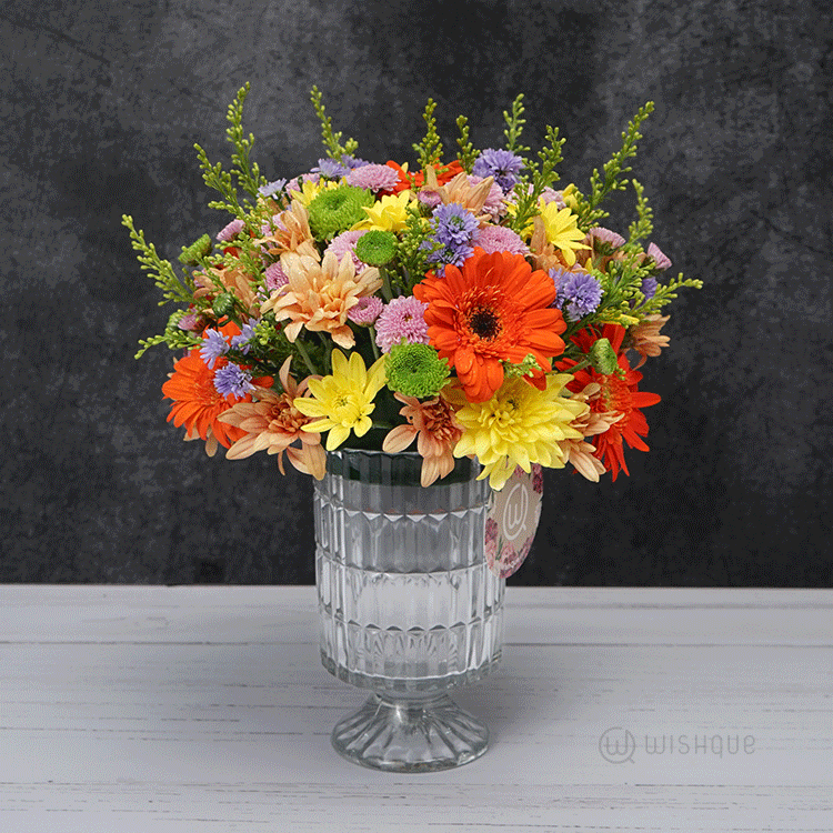 Wilderness Chrysanthemum Crystal Glass Vase Arrangement