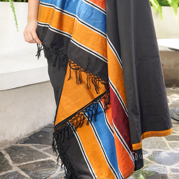 Black and Orange Striped Border Handloom Saree