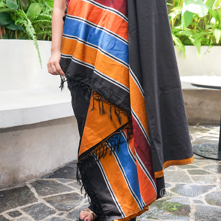Black and Orange Striped Border Handloom Saree