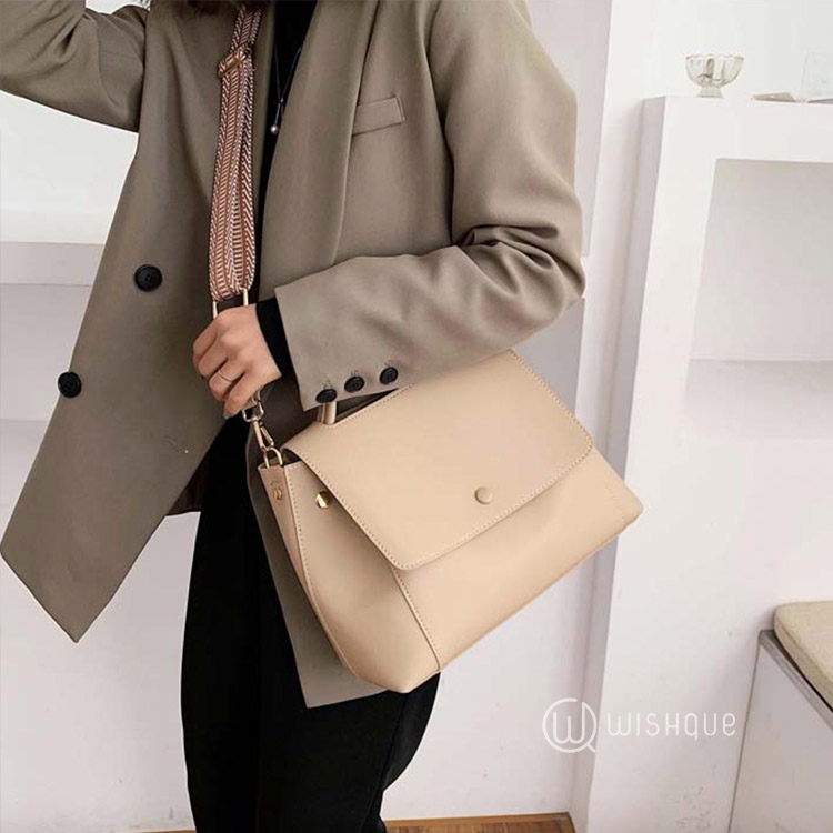 Women's Modern PU Leather Striped Handle Crossbody Bag Beige